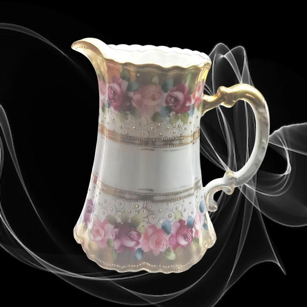 Large Handpainted Nippon Pitcher with Gold and Pink Roses